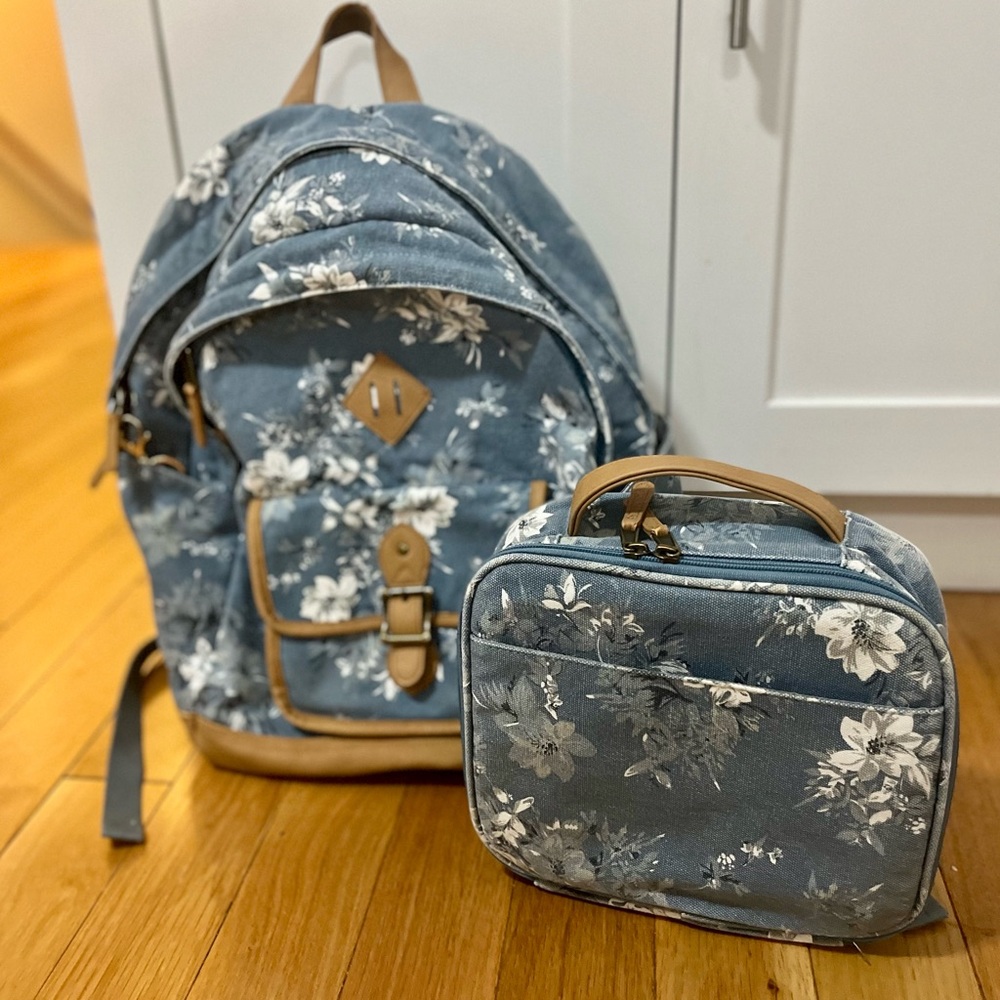 Pottery Barn Teen Blue Floral Backpack and Lunch Bag Set